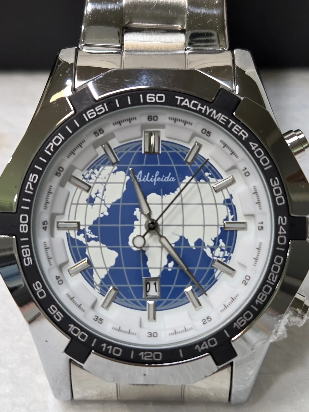 Automatic AILIFEIDA  Blue & Silver World Map Skeleton Mens Watch